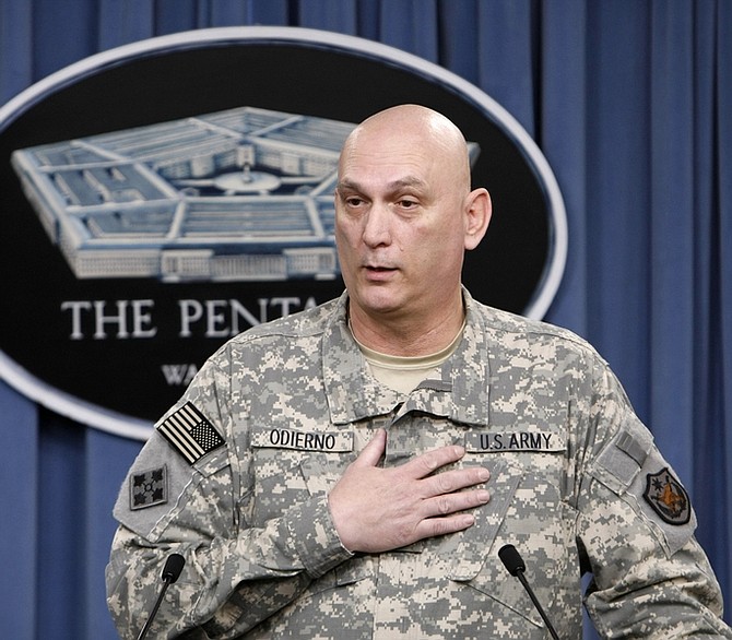 Gen. Raymond Odierno, the top U.S. general in Iraq, gestures during a briefing at the Pentagon, Monday, Feb. 22, 2010. (AP Photo/Gerald Herbert)
