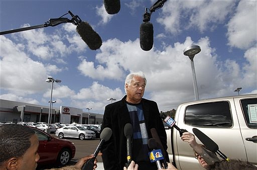 Driver James Sikes talks about his experiences in his Toyota Prius during a news conference held at Toyota of El Cajon Tuesday, March 9, 2010, in El Cajon, Calif. Sikes&#039; 2008 Toyota Prius raced out of control on a San Diego freeway Monday. A California Highway Patrol officer helped him stop the car.  (AP Photo/Denis Poroy)