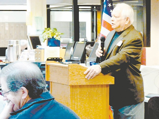 Sandi Hoover/Nevada AppealCarson City Supervisor Pete Livermore addresses delegates Saturday at the Carson City Republican County Convention. Livermore, who is termed out on the city board, is running for state Assembly District 40.