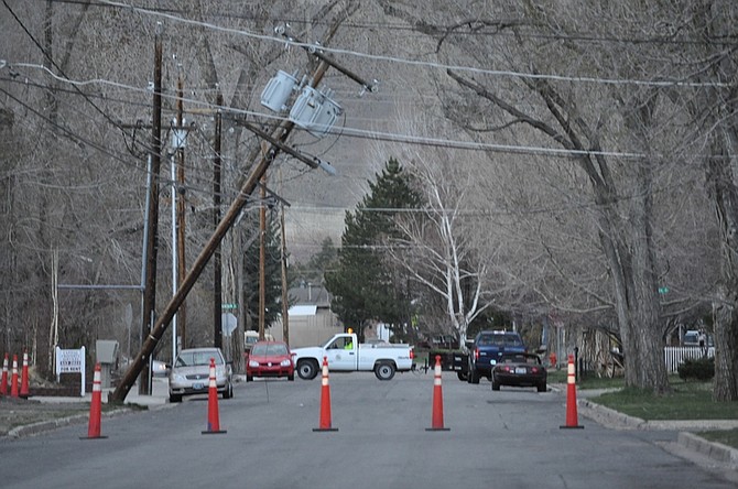 Sheila GarzaSheila Garza took this picture at 6:50 p.m. Monday of a power pole on Telegraph Street in Carson City hanging by wires.
