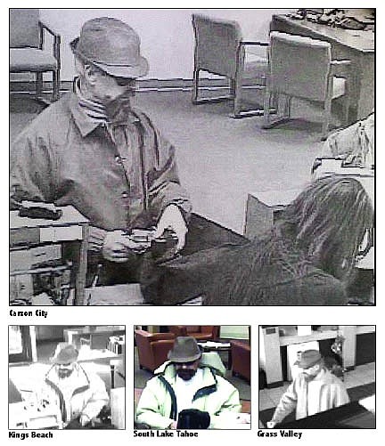 These surveillance photos show the suspect in an armed robbery of Bank of the West, 2976 N. Carson St., at approximately 4 p.m. Monday, and in previous robberies in Kings Beach, South Lake Tahoe and Grass Valley, Calif.