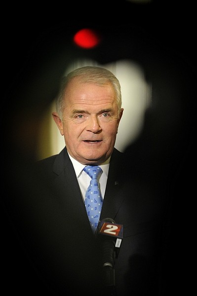 Nevada Gov. Jim Gibbons answers questions from reporters after delivering his State of the State speech in the Capitol building, Monday, Feb. 8, 2010, in Carson City, Nev. (AP Photo/Scott Sady)