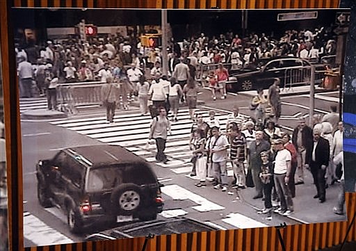 This still photo from a surveillance camera, released by the New York City Police Department, Sunday, May 2, 2010, shows the Nissan Pathfinder used in the attempted attack on Times Square passing through Times Square early on Saturday evening, May 1, 2010.  (AP Photo/Henny Ray Abrams)
