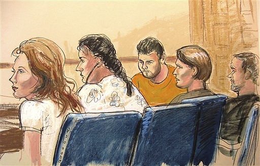 In this courtroom sketch, Anna Chapman, left, Vicky Pelaez, second from left, the defendant known as  &quot;Richard Murphy&quot;, center, the defendant known as &quot;Cynthia Murphy&quot;, second from right, and the defendant known as &quot;Juan Lazaro&quot; are seen in Manhattan federal court in New York, Monday, June 28, 2010.   (AP Photo/Elizabeth Williams)