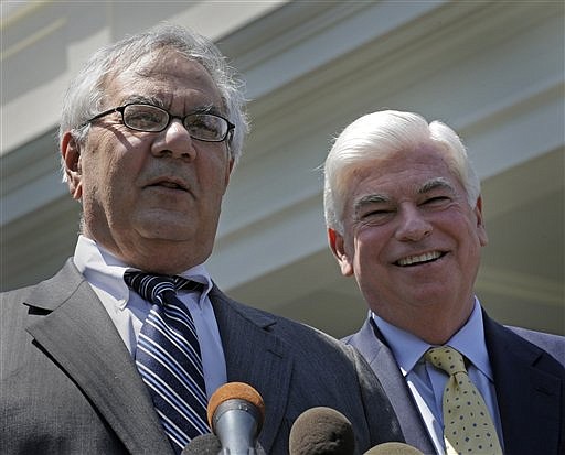 FILE -In this May 21, 2010 file photo, Senate Banking Committee Chairman Sen. Christopher Dodd, D-Conn., right, and House Financial Services Committee Chairman Rep. Barney Frank, D-Mass., speak to reporters outside the White House in Washington. Lawmakers will tackle sticking points and try to blend House and Senate bills into a single rewrite of banking regulations. A final measure, which President Barack Obama wants by July 4, is intended to prevent another financial crisis like the 2008 meltdown, which triggered a deep recession.  (AP Photo/Susan Walsh, File)