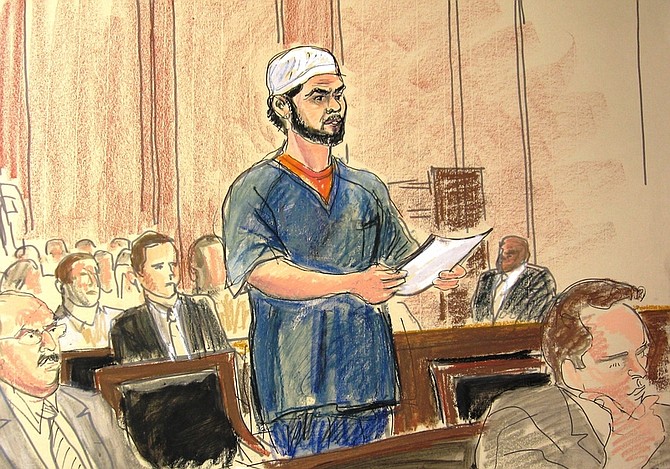 In this courtroom sketch, Faisal Shahzad pleads guilty Monday, June 21, 2010 in Manhattan Federal Court to carrying out the failed May 1 car bombing in New York&#039;s Times Square. Some of the 10 terrorism and weapons counts to which he pleaded guilty carry mandatory life prison sentences.  (AP Photo/Elizabeth Williams)