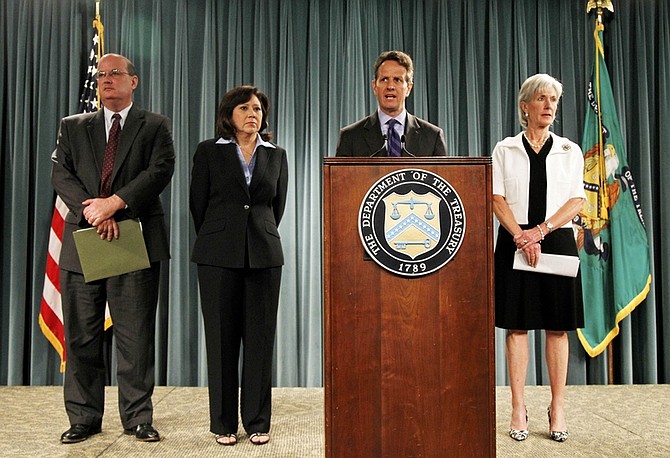 Treasury Secretary Timothy Geithner, second from right, speaks about the Social Security and Medicare Trustees Report, Thursday, Aug. 5, 2010, at the Treasury Department in Washington. Joining him, from left are, Social Security Administration Commissioner Michael J. Astrue, Labor Secretary Hilda Solis, and Health and Human Services Secretary Kathleen Sebelius.  (AP Photo/Charles Dharapak)
