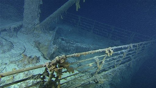 In this Aug. 28, 2010 image released by Premier Exhibitions, Inc.-Woods Hole Oceanographic Institution, the starboard side of the Titanic bow is shown. (AP Photo/Premier Exhibitions, Inc.-Woods Hole Oceanographic Institution)