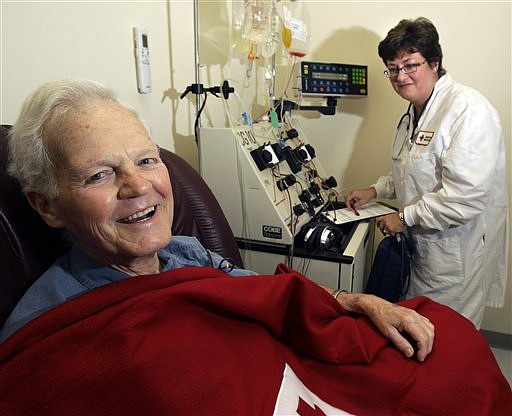 ** ADVANCE FOR USE MONDAY, SEPT 27, 2010 AND THEREAFTER ** In this Aug. 16, 2010 photo, patient Bob Svensson is hooked up to a blood infusion machine under the care of Nancy Grant, a registered nurse at the American Red Cross in Dedham, Mass., as he undergoes a $93,000 prostate cancer treatment. The Provenge therapy, approved in April, adds four months&#039; survival, on average, for men with incurable prostate tumors. Bob Svensson is honest about why he got it: insurance paid. &quot;I would not spend that money,&quot; because the benefit doesn&#039;t seem worth it, says Svensson, 80, a former corporate finance officer from Bedford, Mass. (AP Photo/Elise Amendola)