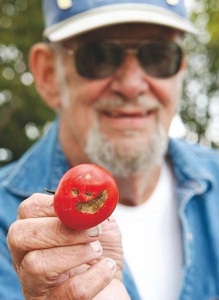 Shannon Litz/Nevada appealChuck Morris shows off a Creole tomato that looks like a smiley face on Thursday at his Indian Hills home.