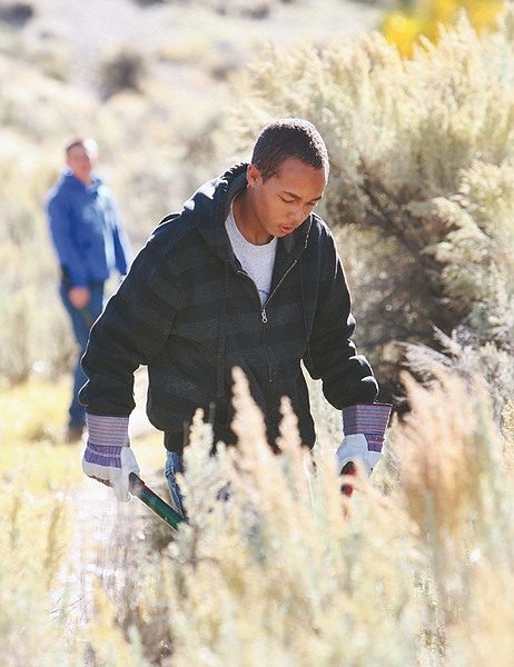 Jim Grant/Nevada AppealCarson High School student Nathan King clears overgrown sage brush from the edge of the interpretive trail on Tuesday.