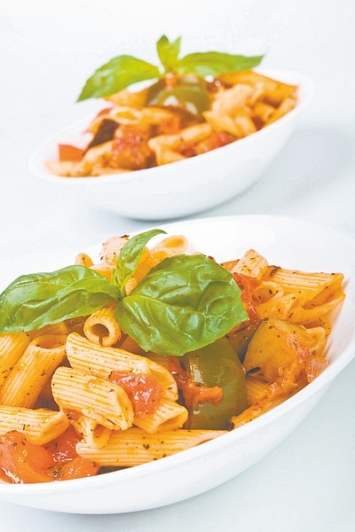 Penne with Peppers and Eggplant-Tomato Sauce.