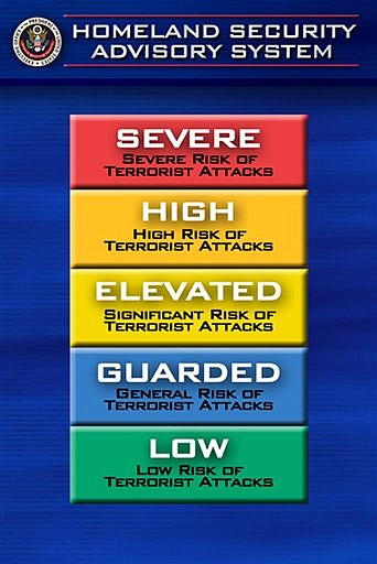 FILE - In this March 12, 2002 file photo, the color-coded terrorism warning system is shown in Washington. The Homeland Security Department is proposing to discontinue the color-coded terror alert system that became a symbol of the country&#039;s post-9/11 jitters and the butt of late-night talk show jokes. The system&#039;s demise would not be the end of terror alerts; instead the alerts would become more descriptive and not as colorful. (AP Photo/Joe Marquette, File)