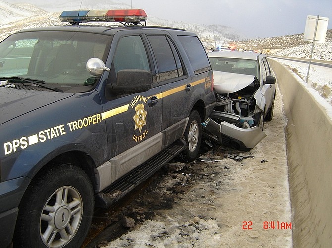 A motorist rear ended a trooper&#039;s vehicle on the Carson City freeway this morning. The trooper sustained minor injuries.