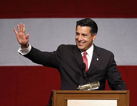 Republican candidate for governor Brian Sandoval celebrates his victory over Democratic opponent Rory Reid at an election night party Tuesday, Nov. 2, 2010, in Las Vegas.  (AP Photo/Julie Jacobson)