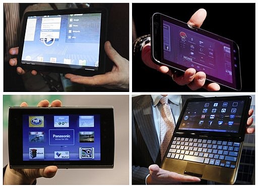 This combination of four photos shows four new tablet devices being presented this week at the 2011 Consumer Electronics Show in Las, Vegas. They are, clockwise from the upper left corner: the Motorola Xoom tablet, the Dell Streak 7 4G tablet, Panasonic&#039;s Viera Tablet, and the Samsung 7 Series sliding PC. (AP Photo/Julie Jacobson, (first and third photos), Isaac Brekken, (second and fouth).