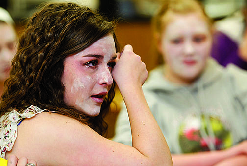 Photos by Shannon Litz/Nevada AppealEagle Valley Middle School seventh-grader Haley Gray wipes away tears while talking about her friendships and how important it is to have someone you can count on. Students who were used in the &quot;Drop Dead Day&quot; event met to discuss reaching out to fellow students to build relationships as an alternative to turning to drugs.