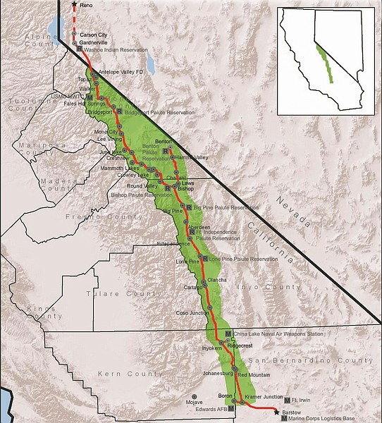 Courtesy of the California Broadband CooperativeThis map shows the area that will be connected by the Digital 395 project.