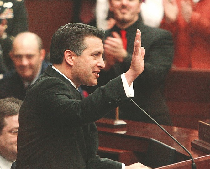 Jim Grant/Nevada AppealGov. Brian Sandoval presented his first State of the State address Monday. The Republican governor who took office in January acknowledged the state will have to make tough sacrifices to regain financial solvency.