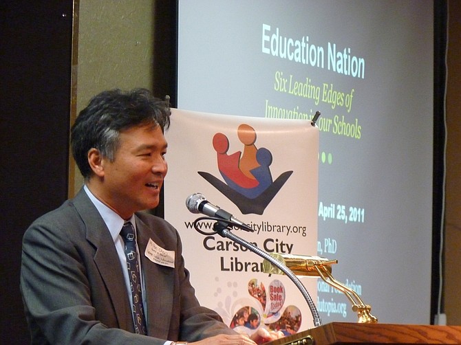 Teri Vance/Nevada Appeal Author and innovator Milton Chen speaks at the Carson Nugget on Monday. He challenged city leaders and educators to change the way the view the role of education.