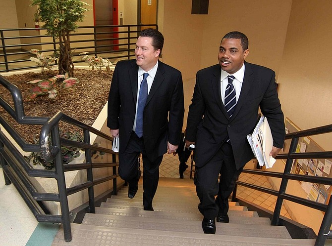 Nevada Assembly Speaker John Oceguera, D-Las Vegas, left, and Senate Majority Leader Steven Horsford, D-North Las Vegas, arrive at a meeting with state business and community leaders Thursday morning, May 5, 2011, at Western Nevada College in Carson City, Nev. Democratic lawmakers continue to work on a tax plan despite Gov. Brian Sandoval&#039;s stance against any tax or fee increases. (AP Photo/Cathleen Allison)