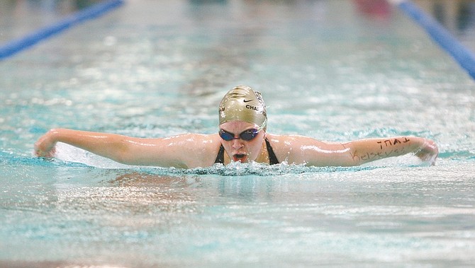 Jim Grant/Nevada Appeal Ashley Meyer swims the 200-meter butterfly at the Intermountain Classic on Saturday.
