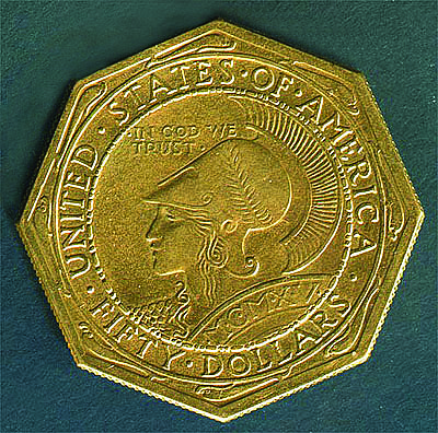 courtesyThe obverse of the octagonal variety of the PanPacific $50 gold coins is seen.