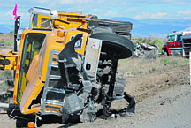 Steve Ranson/Nevada Appeal News ServiceThe wreckage of a Nevada Department of Transporation truck is seen following an accident on Highway 50 alternate near Fernley. The truck hit a Ford Sport Trac pickup killing San Diego, Texas, residents Esther Garza and Renee J. Upchurch.