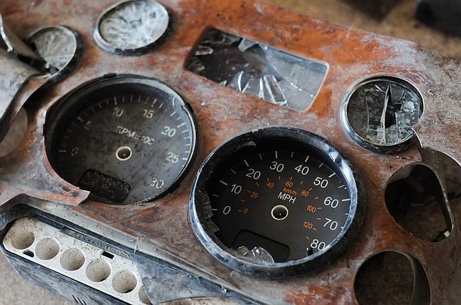 The remains of the speedometer from the 2008 Peterbilt 367 truck-tractor, which crashed into an Amtrak passenger car on June 24, 2011, is shown in a garage at the Nevada Department of Transportation maintenance facility (NDOT) on Monday, June 27, 2011 in Fallon, Nev. (AP Photo/Kevin Clifford).