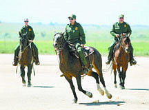 Jim Grant/Nevada AppealBorder Patrol Agent Claudia Mayer, center, takes &quot;Tank&quot; for a run in an open area at the prison&#039;s horse training facility on Thursday.