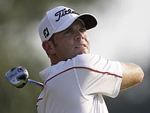 Brendan Steele hits a drive on the 18th hole during the third round of the PGA Championship golf tournament Saturday, Aug. 13, 2011, at the Atlanta Athletic Club in Johns Creek, Ga. (AP Photo/David J. Phillip)