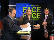 Kate Marshall center, and Mark Amodei, right, debate Monday, Aug. 22, during a taping in Reno of &quot;Face to Face&quot; with Jon Ralson, shown left. Marshall, a Democrat and state treasurer, and Amodei, a former Republian state senator, are the major party candidates in the Sept. 13 special election to fill Nevada&#039;s vacant U.S. House seat. (AP Photo/Sandra Chereb)
