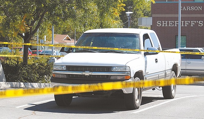 Shannon Litz/Nevada Appeal A truck driven by a man who reported a shooting Saturday is parked near the Carson City Sheriff&#039;s Office.
