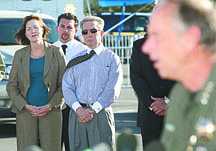 Jim Grant/Nevada AppealCarson City Mayor Bob Crowell, right, and Jean Birch, president of IHOP listen to Sheriff Kenny Furlong address the media on Tuesday afternoon.Birch, president of IHOP, Major April Conway, public information officer Nevada National Guard and Nevada Highway Patrol Trooper Chuck Allen.