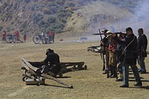 Sandi Hoover/Nevada AppealUnion soldiers fire on rebels aboard the V&amp;T Train in Gold Hill during Saturday&#039;s Civil War battle re-enactment. Virginia City&#039;s Civil War Days continues today.