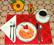 Courtesy B Street House Bed and BreakfastLavender panna cotta with sauteed fresh white peaches decorated with raspberries and a sprig of fresh lavender from the garden.