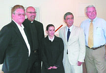 left to right are Dennis W. Stark (community leader and Pastoral Council member), Rev. Jorge Herrera (Pastor, Holy Family Church), Community Affairs Consul Atzimba Luna Becerril, Mexican Consul General Mariano Lemus Gas, and Bob Shoemaker (Pastoral Council President).