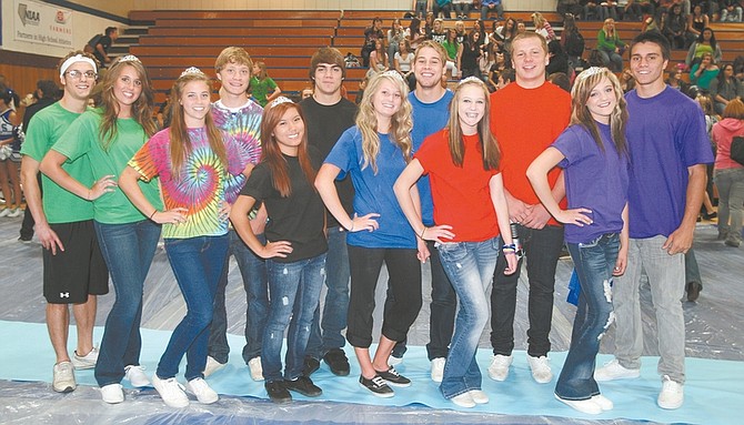  Jim Grant/Nevada Appeal Candidates for Carson High School&#039;s Homecoming King and Queen were annouced at an assembly Monday. Candidates are, from left to right, Tim Grunert, Kristen Good, Emily Collins, Zach Bruce, Sarah Hernandez, Dylan Sawyers, Camilla Dudley, Austin Pacheco, Amber Holbert, Logan Peternell, Leah Wegner and Chance Quilling. The winners will be announced Friday during half-time at the football game.