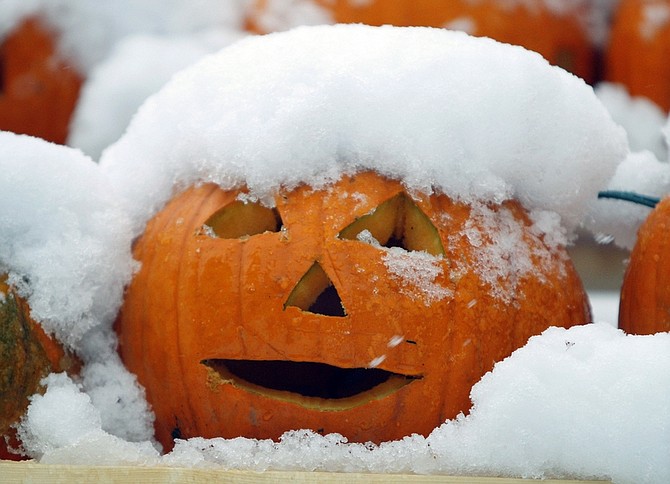 A jack-o&#039;-lantern is covered with snow during a storm, Sunday Oct. 30, 2011, in Freeport, Maine. (AP Photo/Robert F. Bukaty)