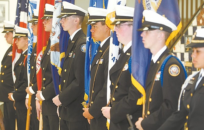 Shannon Litz/Nevada AppealCarson High School Naval Jr. ROTC Color Guard at the school&#039;s Veterans Day ceremony on Thursday.
