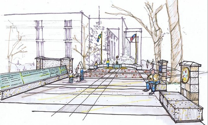 Courtesy Berger Hannafin ArchitectsAn artist&#039;s rendering for the proposed Monument Honoring Nevada&#039;s Fallen shows the Wall of Sacrifice on the left with service medallions and benches on the right. The Gold Star Plaza is at center with the fallen-soldier statue.