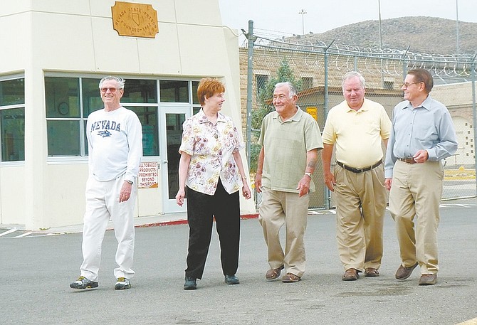 John Barrette/ Nevada AppealFive members of a Northern Nevada prison ministry head to their cars outside the old Nevada State Prison after services at the nearby Warm Springs Correctional Center. From left, John Sobraske, Deborah Lundberg, Deacon Joe Garcia, George Whalen, Deacon Michael Johnson and John Sobraske.
