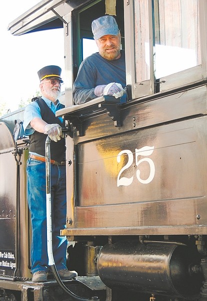 John Barrette / Nevada AppealRay Tolles became the engineer on Steam Locomotive No. 25 at the Nevada State Railroad Museum, flanked by conductor Russ Tanner, as he fulfilled a dream. His wife gave him the chance through a museum program, making it his 70th birthday gift.