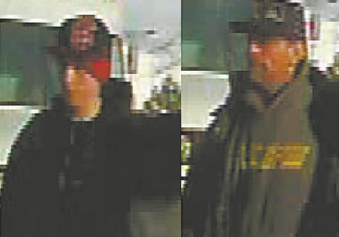 CourtesyThe younger suspect, on the left, had a prominent nose while the older suspect has a dimple on his right cheek. The younger suspect wore a red beanie underneath his hat.