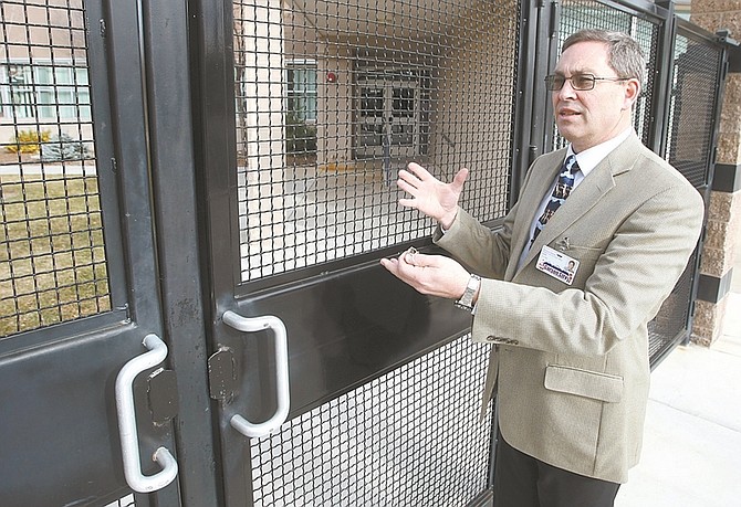 Shannon Litz / Nevada AppealCarson City School District Superintendent Richard Stokes talks about a gated courtyard area at Carson Middle School on Friday.