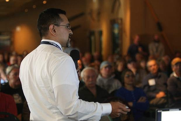Pedro Rodriguez, project manager for the Nevada Department of Transportation, explains the project and the timeline during a meeting about the Kingsbury Grade pavement reconstruction project on Wednesday at the Ridge Tahoe.