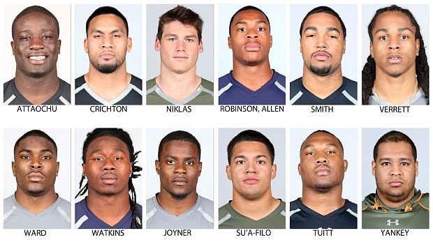 FILE - In these photos provided by the NFL, taken at the NFL Combine in Indianapolis in April  2014, NFL Draft prospects are shown. Top row from left are Jeremiah Attaochu, Georgia Tech; Scott Crichton, Oregon State; Troy Niklas, Notre Dame; Allen Robinson, Penn State; Marcus Smith, Louisville, and Jason Verrett, TCU. Bottom from left are Jimmie Ward, Northern Illinois; Sammy Watkins, Clemson; Lamarcus Joyner, Florida State; Xavier Su&#039;a-Filo, UCLA; Stephon Tuitt, Notre Dame, and David Yankey, Stanford. (AP Photo/Courtesy of NFL)  NO SALES