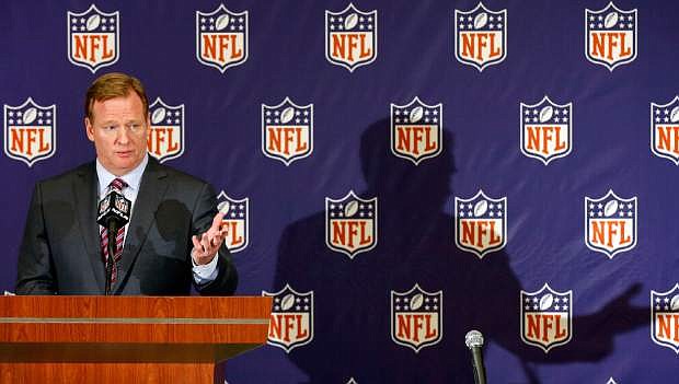 NFL football commissioner Roger Goodell speaks during a news conference at the Arizona Biltmore, Monday, March 18, 2013, in Phoenix. (AP Photo/Matt York)