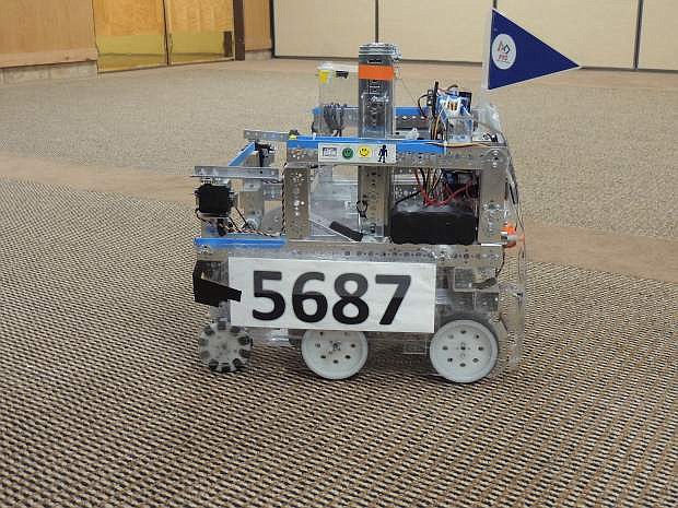The First Tech Challenge robotic device developed by students is displayed on Wednesday.