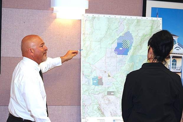 Churchill County planner Michael Johnson discusses the information on a map showing the Navy&#039;s proposed expansion. Commissioners conducted a meeting Wednesday on how residents may voice theire concerns to the Navy about future land withdrawal.STEVE RANSON / LVN